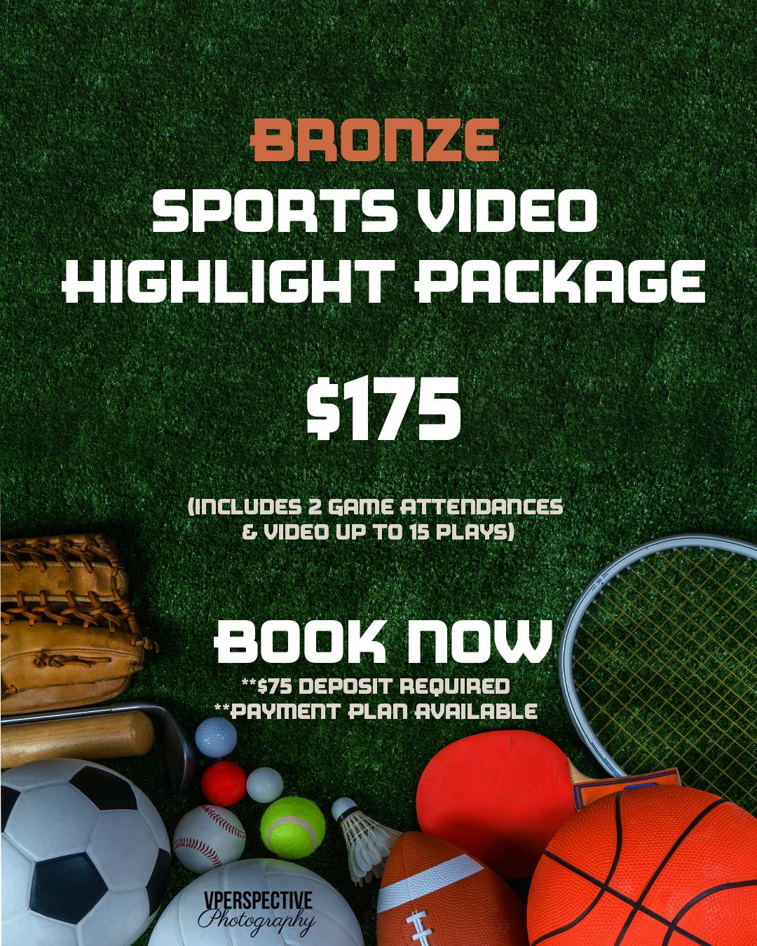 Sports video package advertisement showing various sports equipment on green background.