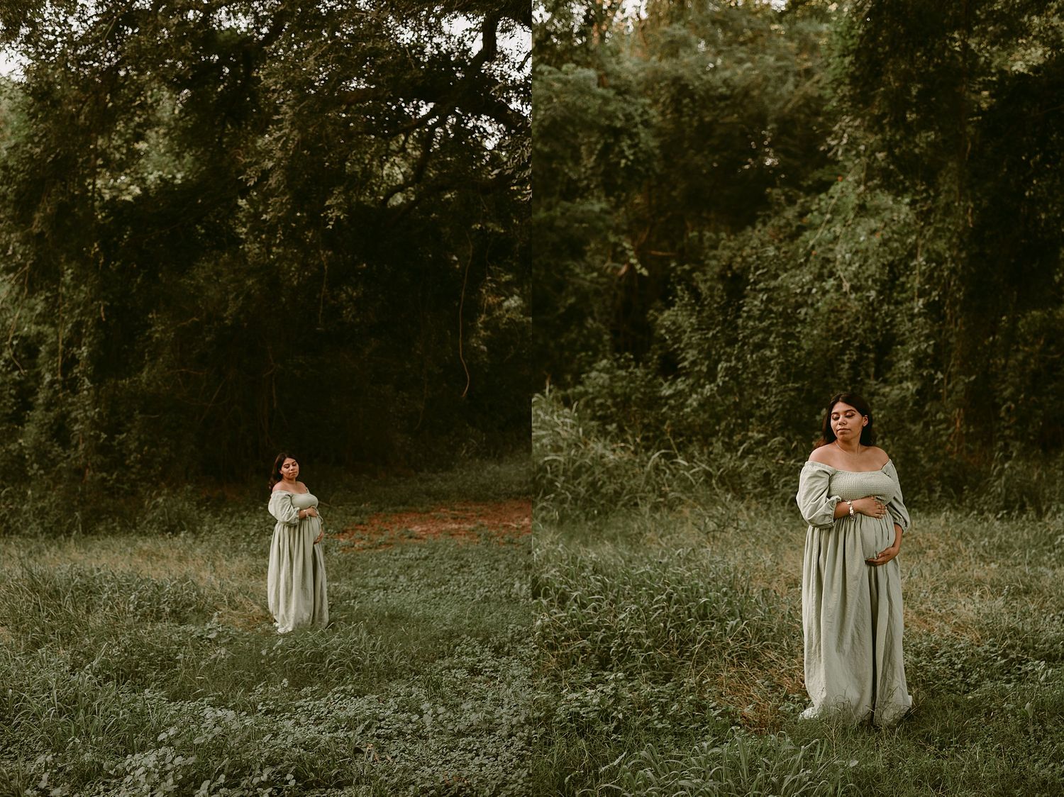 Two dreamy portraits of a person in a light dress standing in a misty forest clearing.