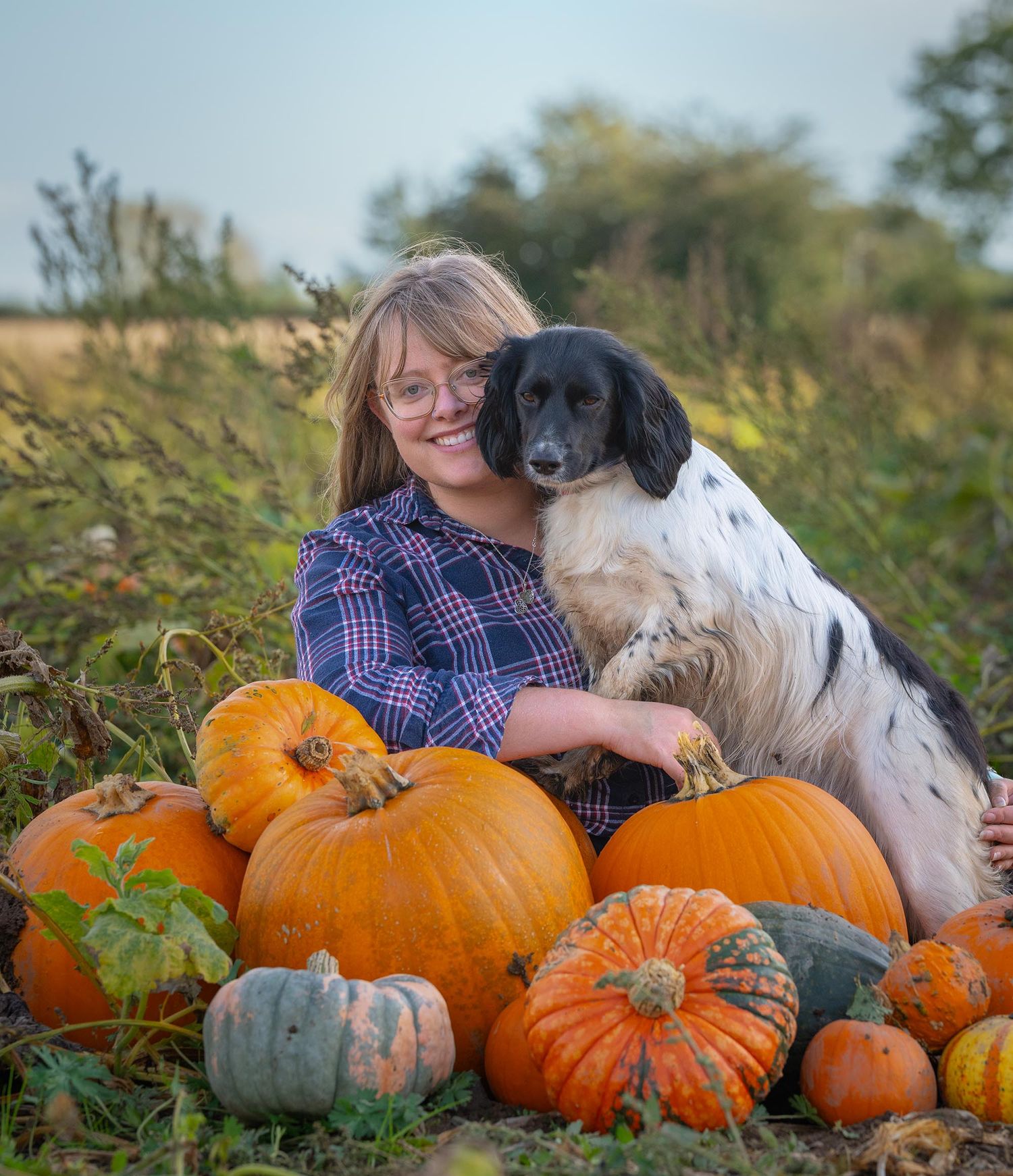 Hannah at My Fair Lady Photography - Equine and Dog Photographer - Hannah posed with pumpkins and her springer spaniel