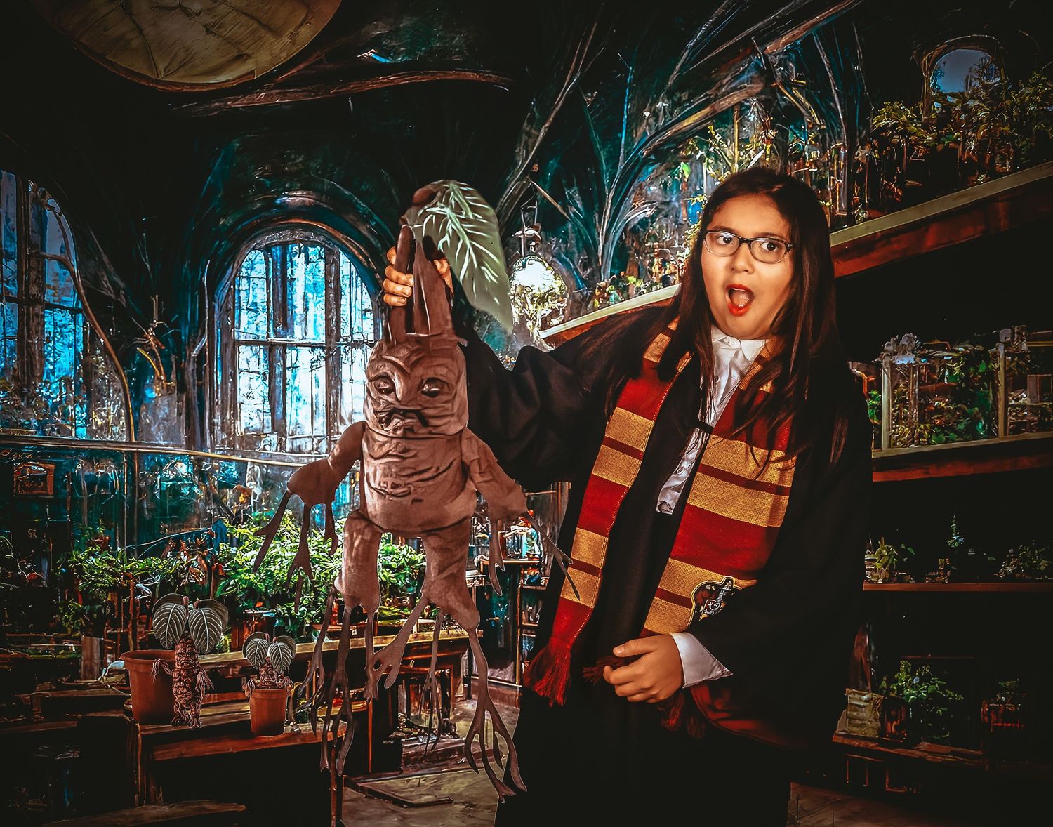 A magical fantasy scene in a wizard's study with potions and mystical decorations.