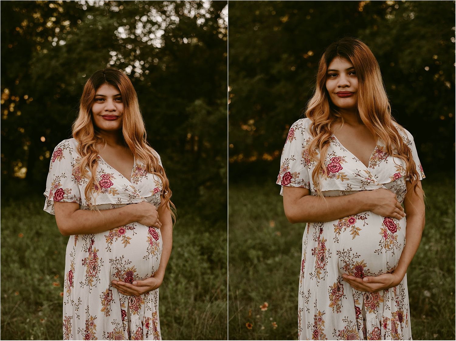 Side-by-side outdoor maternity portraits in a white floral dress during golden hour.
