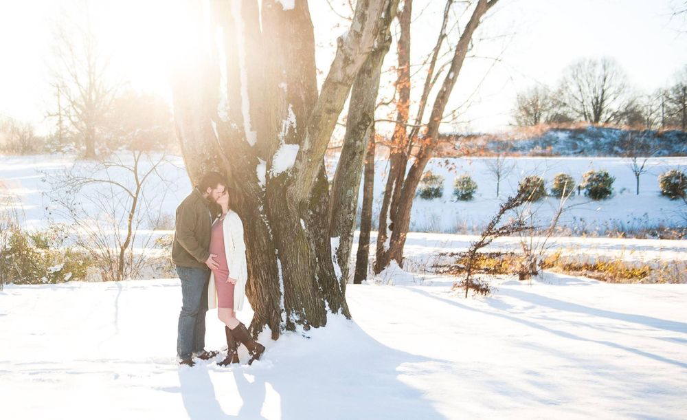 A snowy winter scene with people walking among bare trees in bright sunlight.