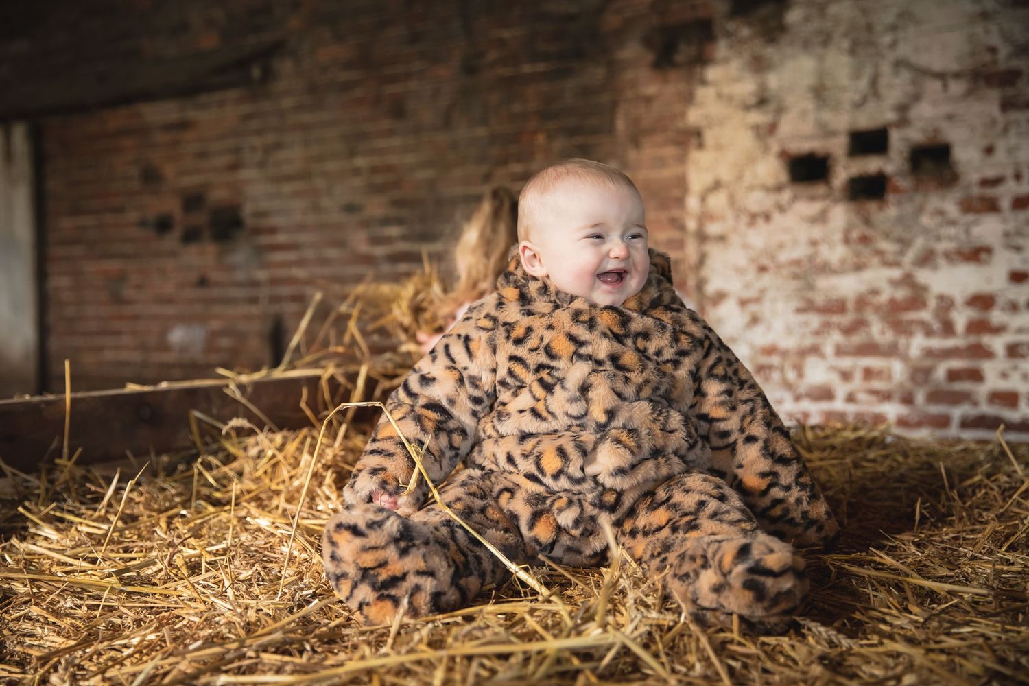 Rustic brick wall and hay backdrop for portrait photography.