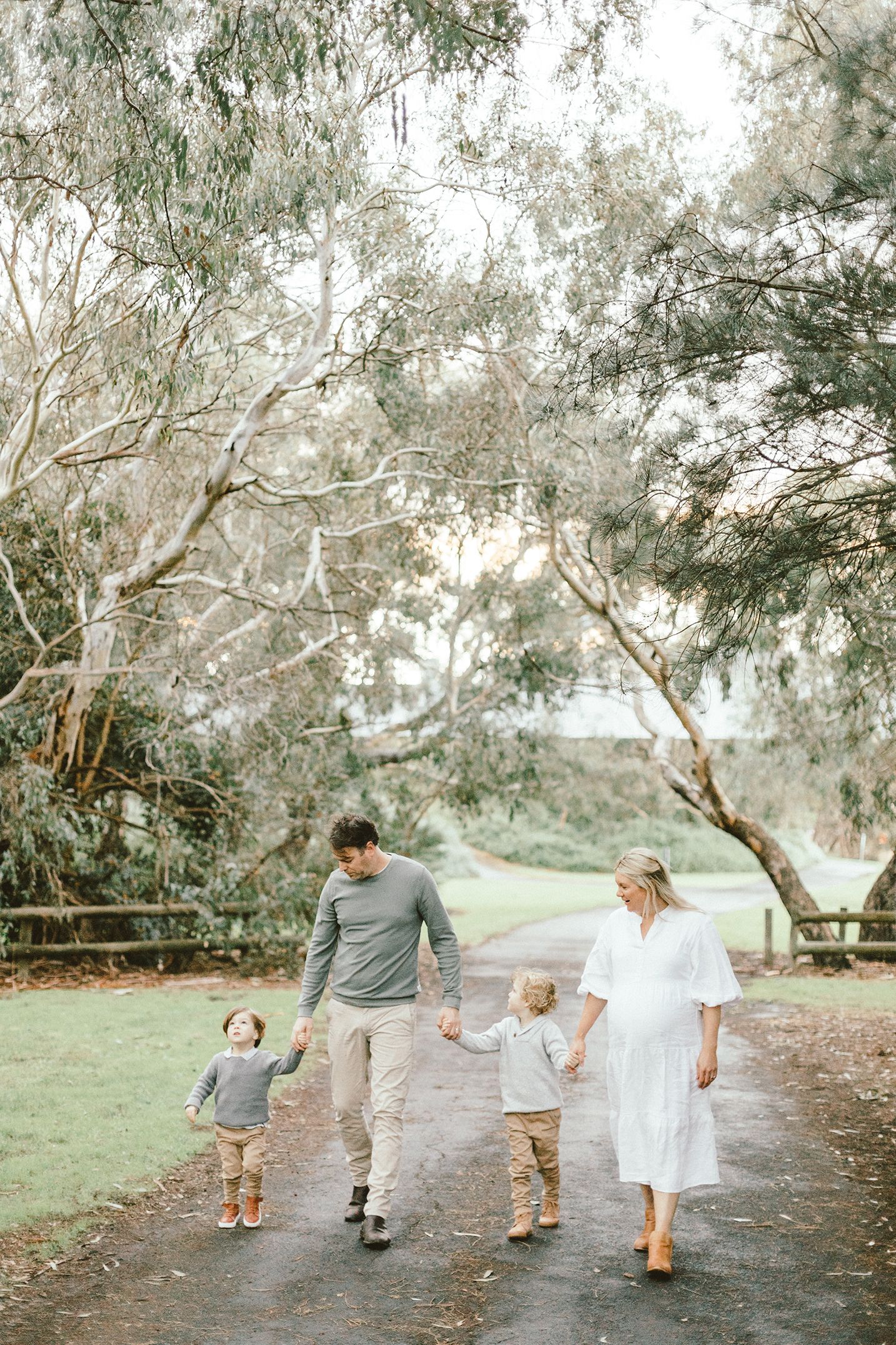A family walks hand in hand down a peaceful path surrounded by tall eucalyptus trees.