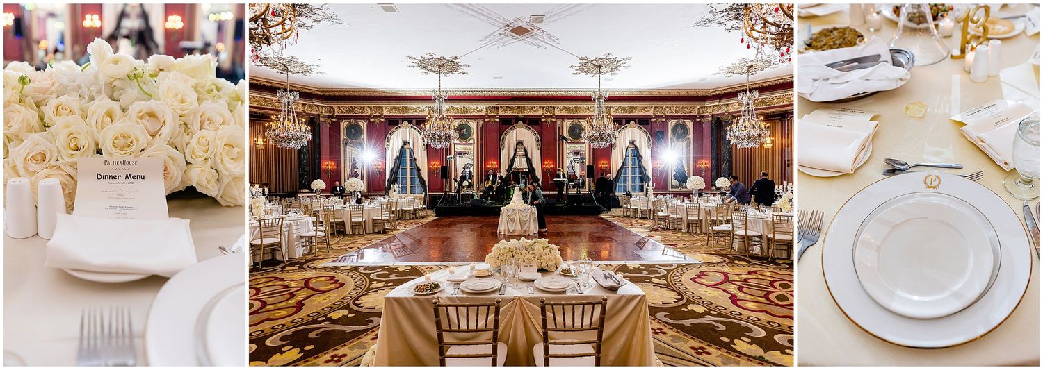 Luxurious wedding reception ballroom setup with elegant table settings and floral centerpieces.