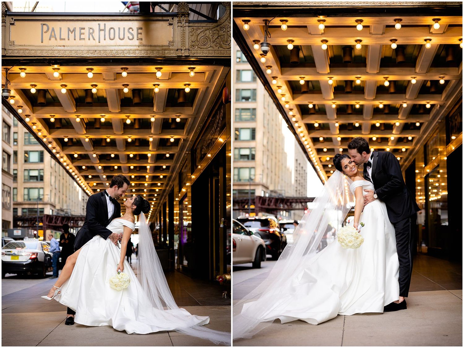 A romantic wedding photo shoot under the illuminated entrance of the historic Palmer House in Chicago.