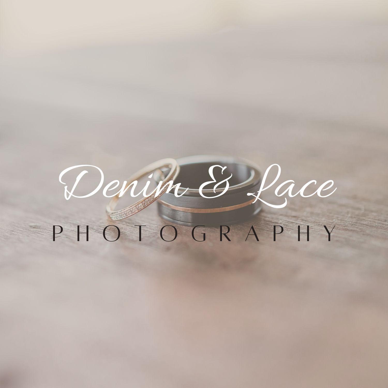 Wedding photography logo with text 'Denim & Lace' over blurred ring background.