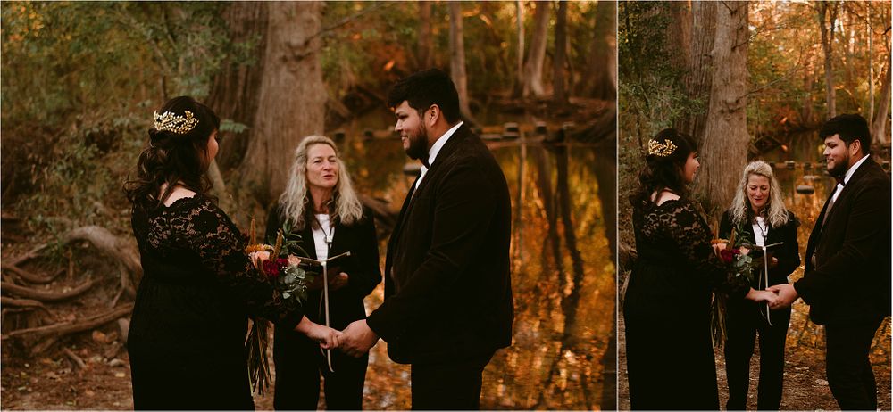 Series of intimate moments during woodland wedding ceremony at sunset.