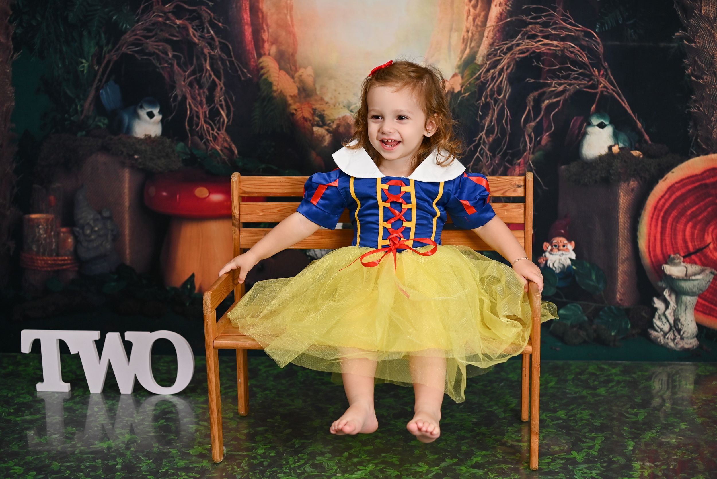 Yellow and blue princess dress costume photo with TWO letters and wooden bench.