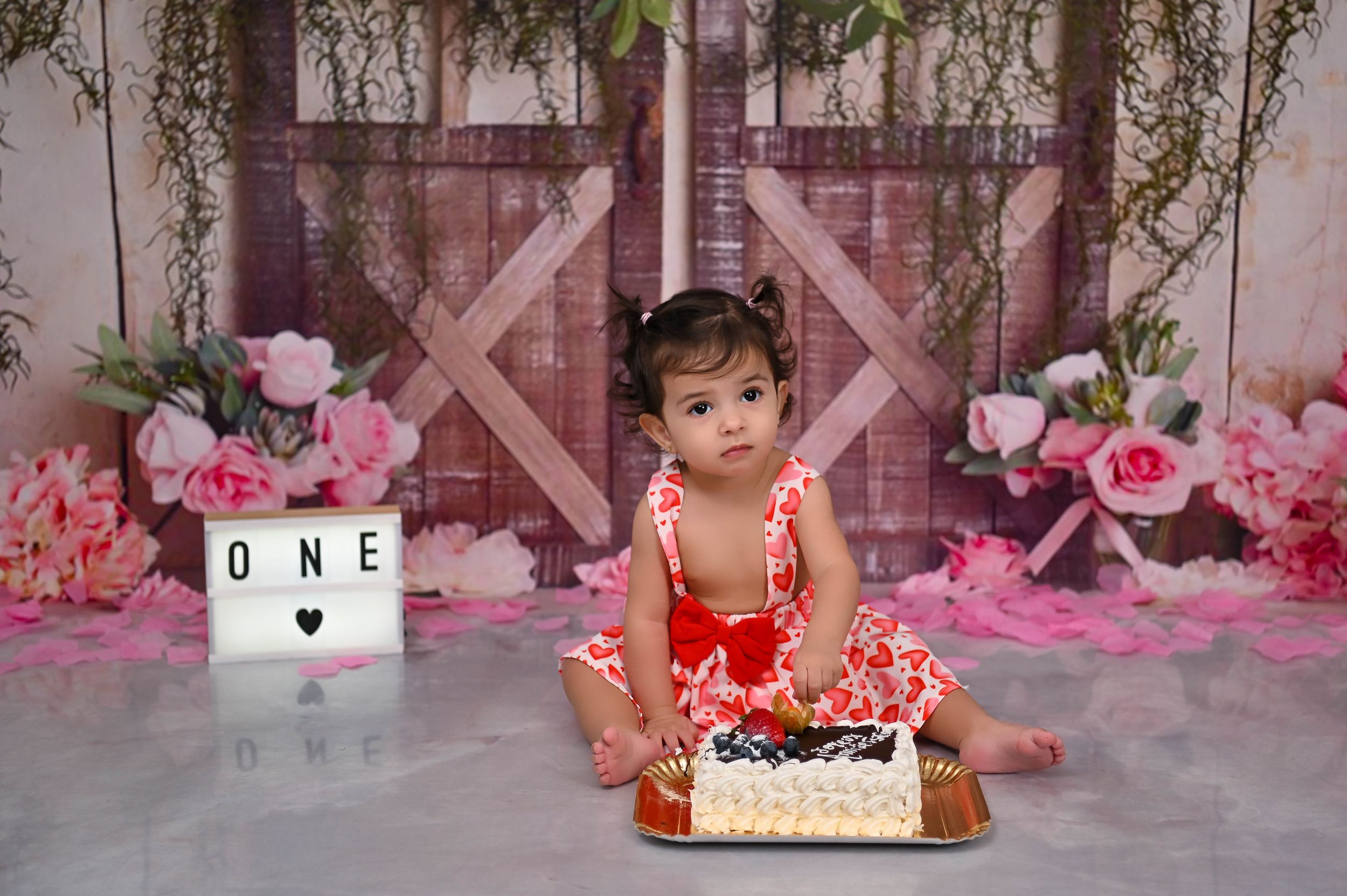 Baby in red outfit sits with first birthday cake and decorations against floral backdrop.