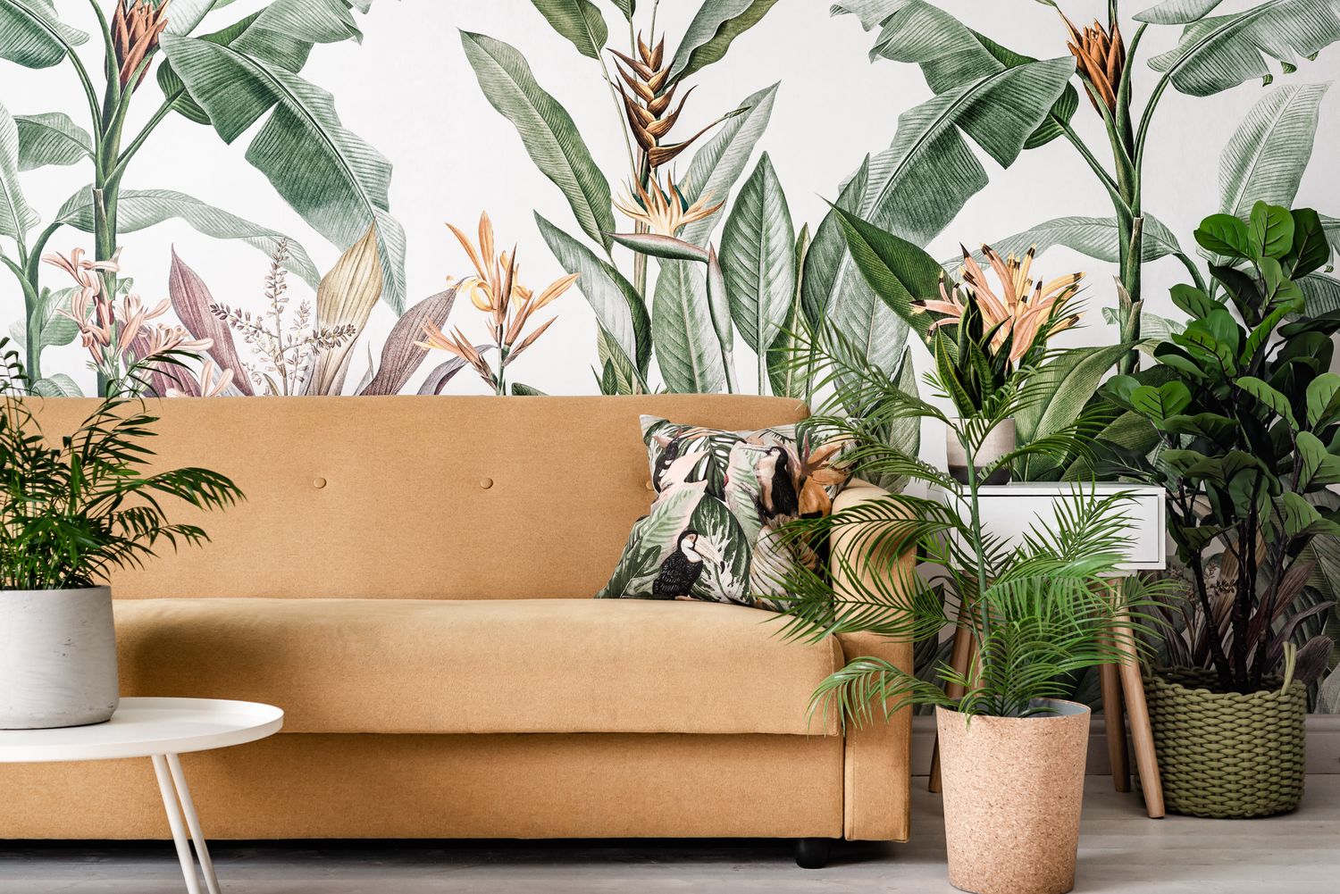 botanical lounge with yellow sofa and plants, quirky airbnb photography