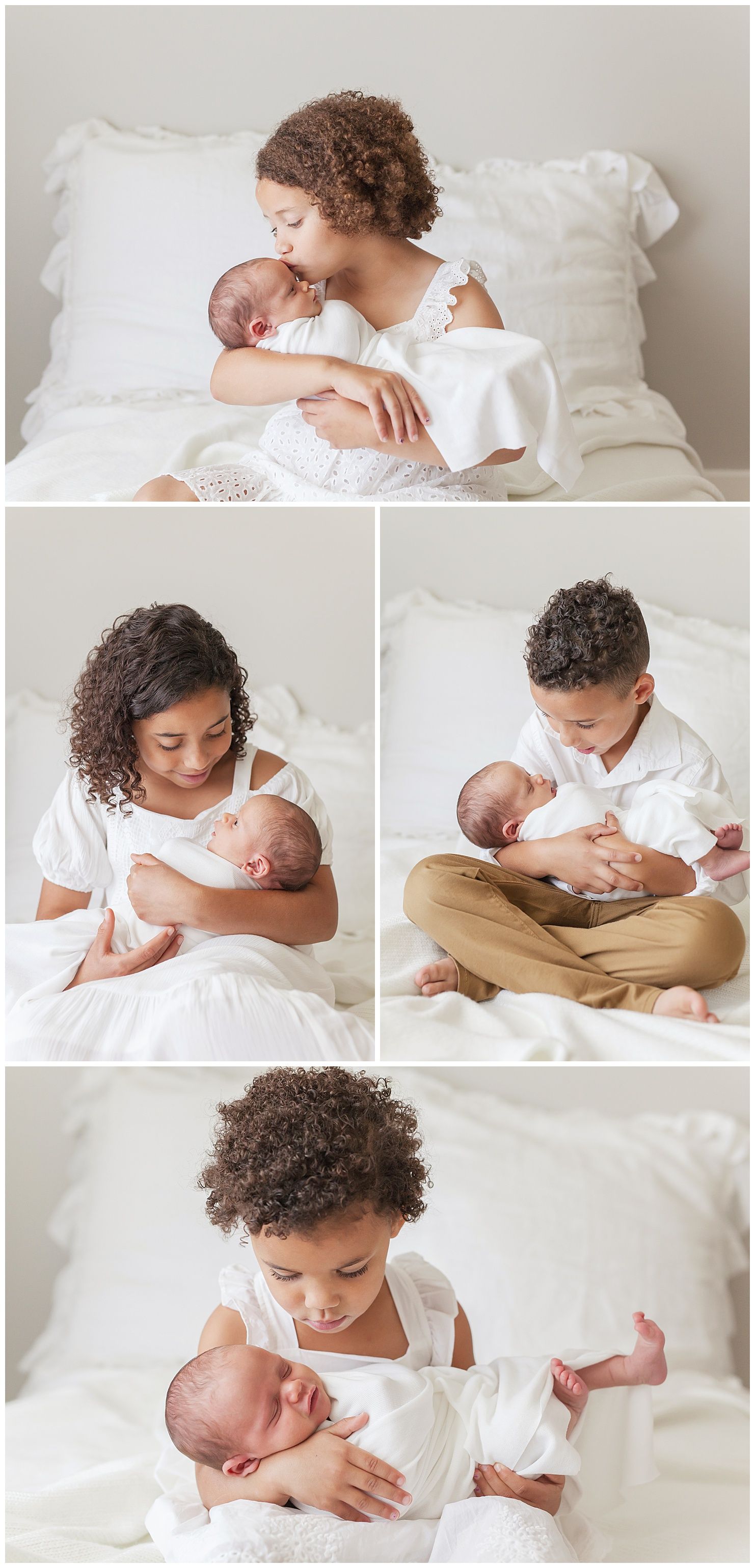 4 siblings holding and kissing newborn baby brother in light and airy studio Wichita Kansas