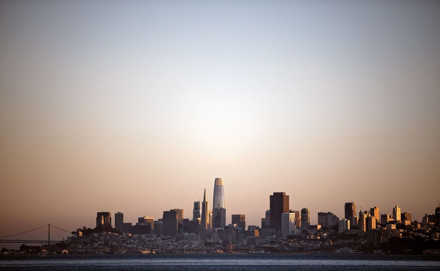 The downtown San Francisco skyline, as seen from the opposite side of the bay.