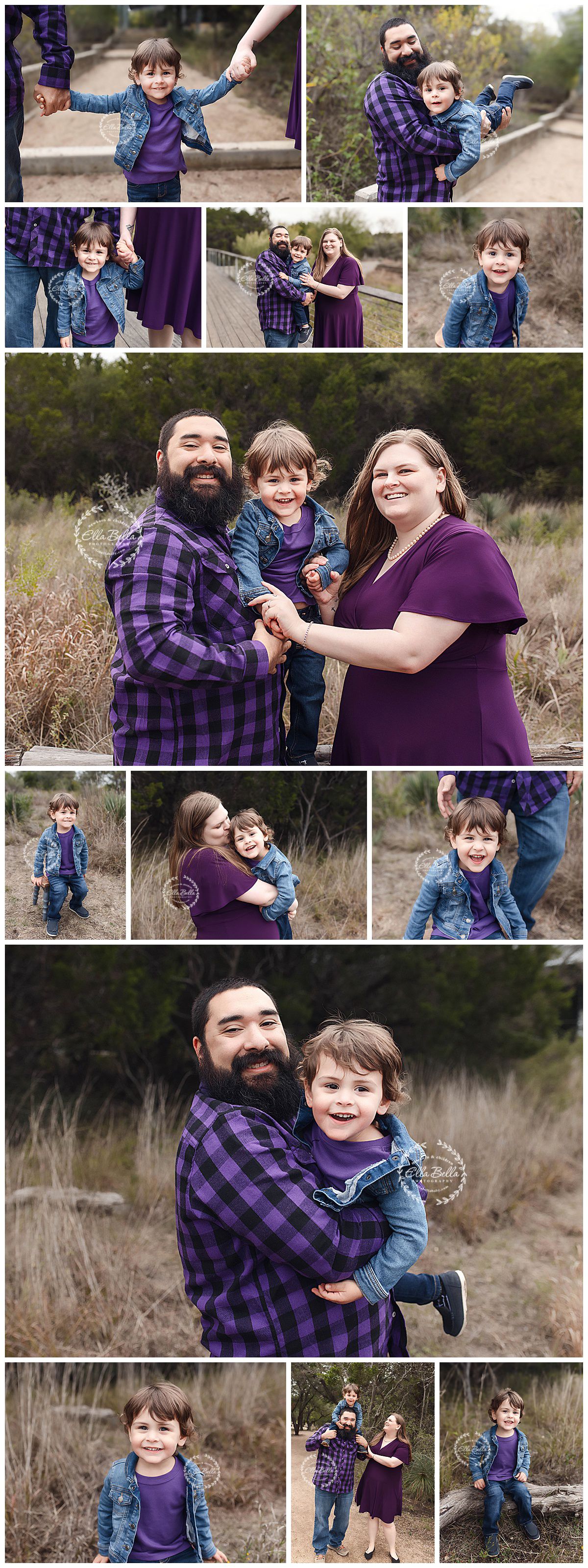 Collection of outdoor family photos with purple and plaid outfits in natural setting.