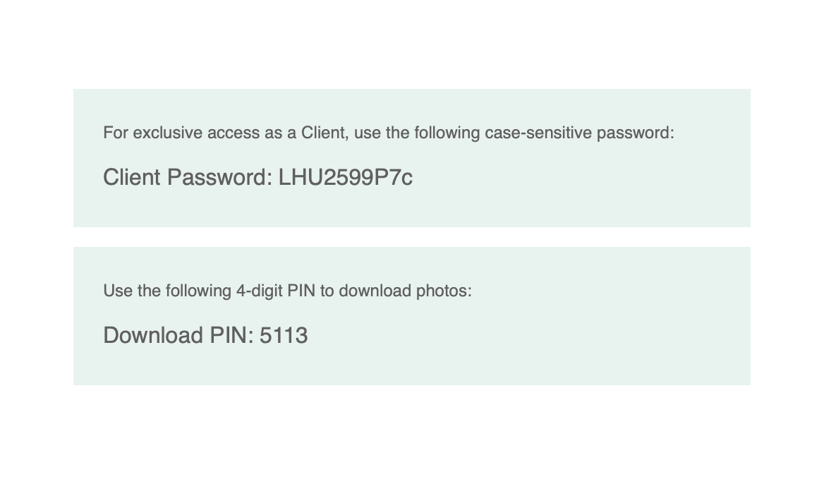 Client password and download PIN information displayed on pale green background.