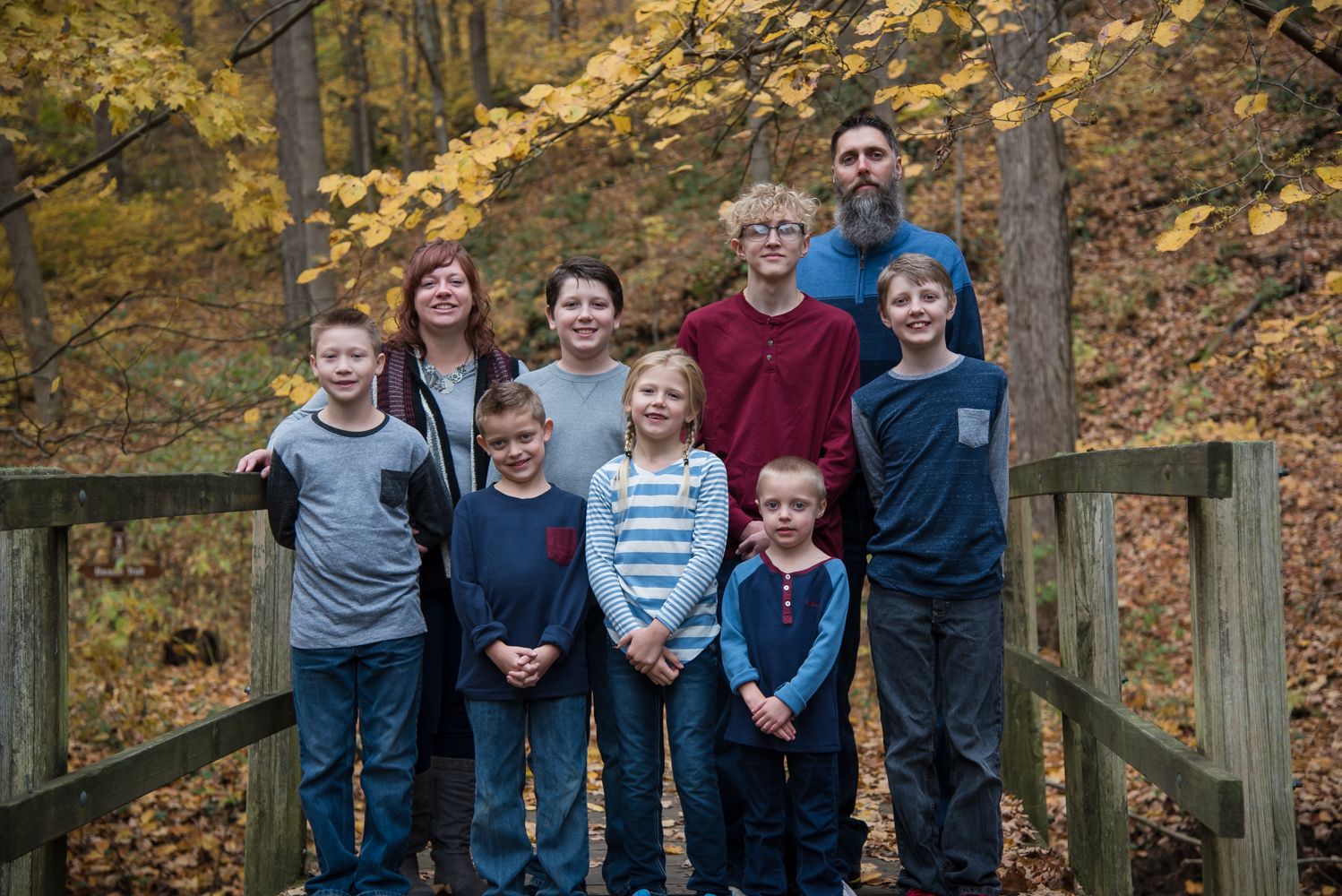 fall family picture on bridge large family