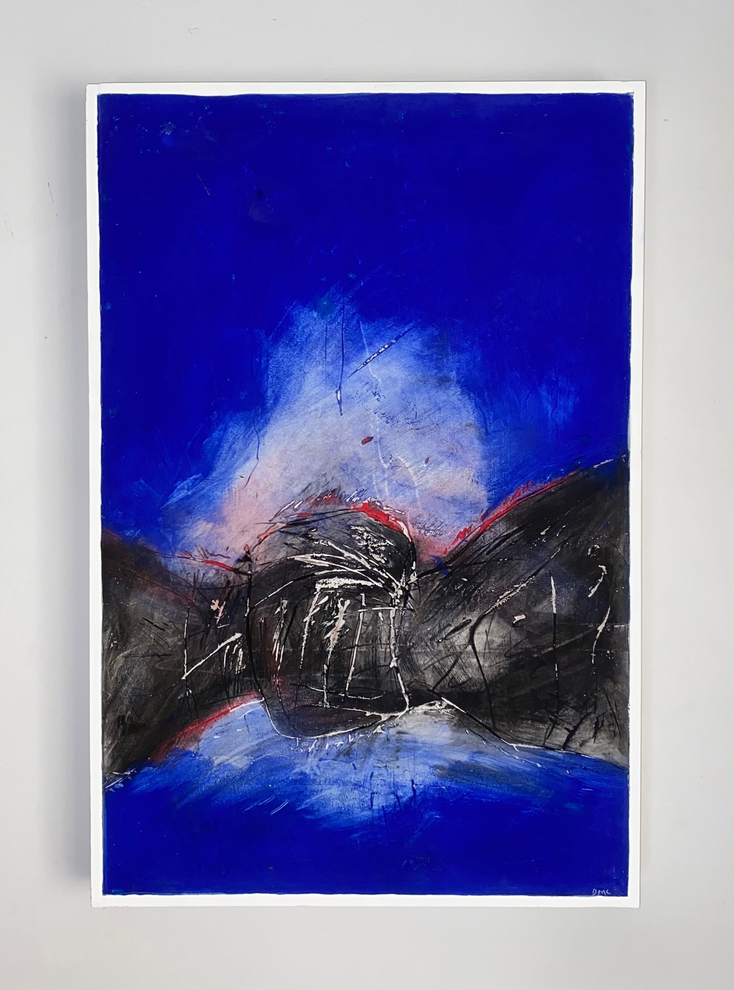 'Heated III ' mixed media painting on canvas. Angry, smoky, volcanic landscape on a blue background.