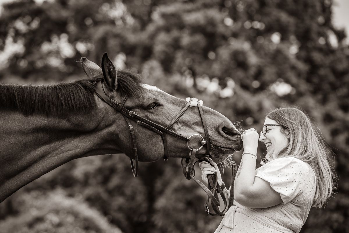 A sweet black and white moment captured between horse and companion nose to nose.