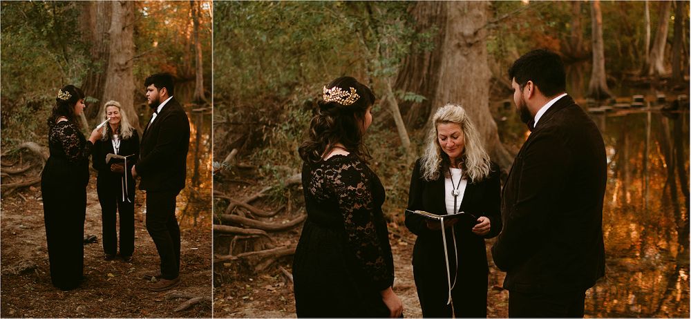 An intimate forest wedding ceremony featuring dark romantic attire and autumn colors.
