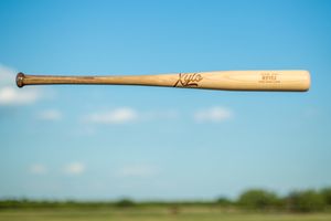 Wooden baseball bat photographed against blue sky and green field background.
