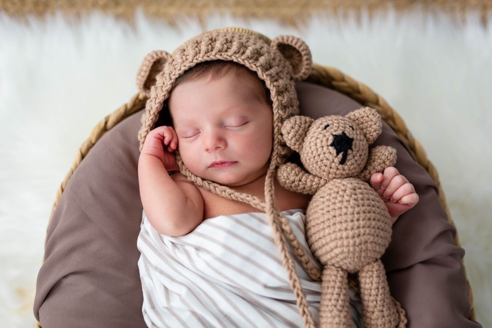 Sleeping newborn baby wearing a knit bear bonnet hat, cuddling a crocheted teddy bear toy in a basket.