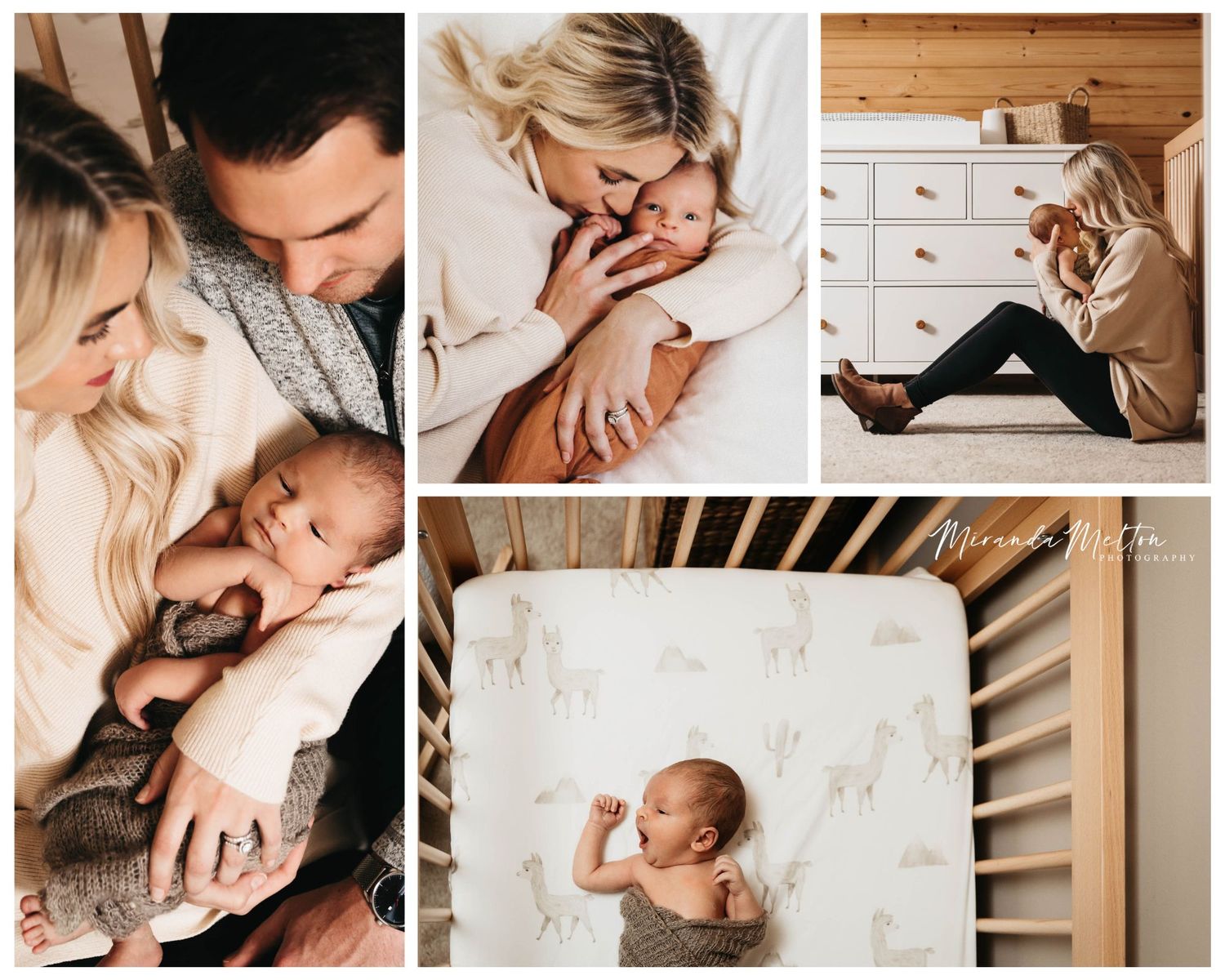 Collage of four lifestyle in-home newborn photos taken in a basement with artificial light