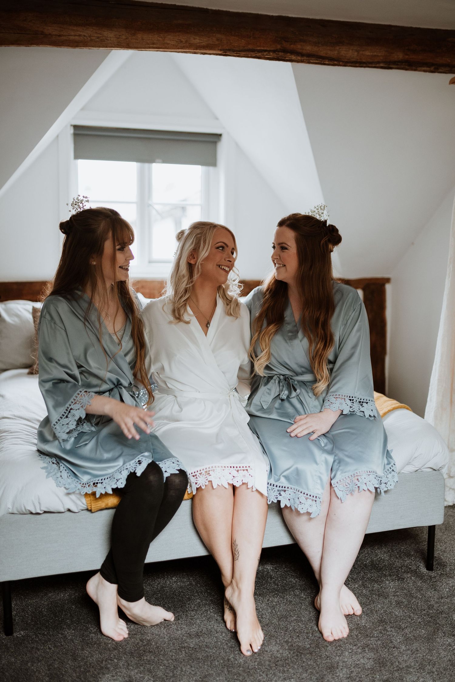 Bride and bridemaids before getting ready for wedding at Glyngynwydd Wedding Barns, Llanidloes