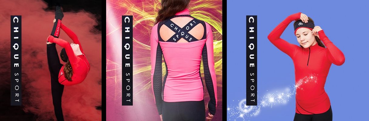 Three promotional athletic wear images showing active sportswear in red and pink colors.