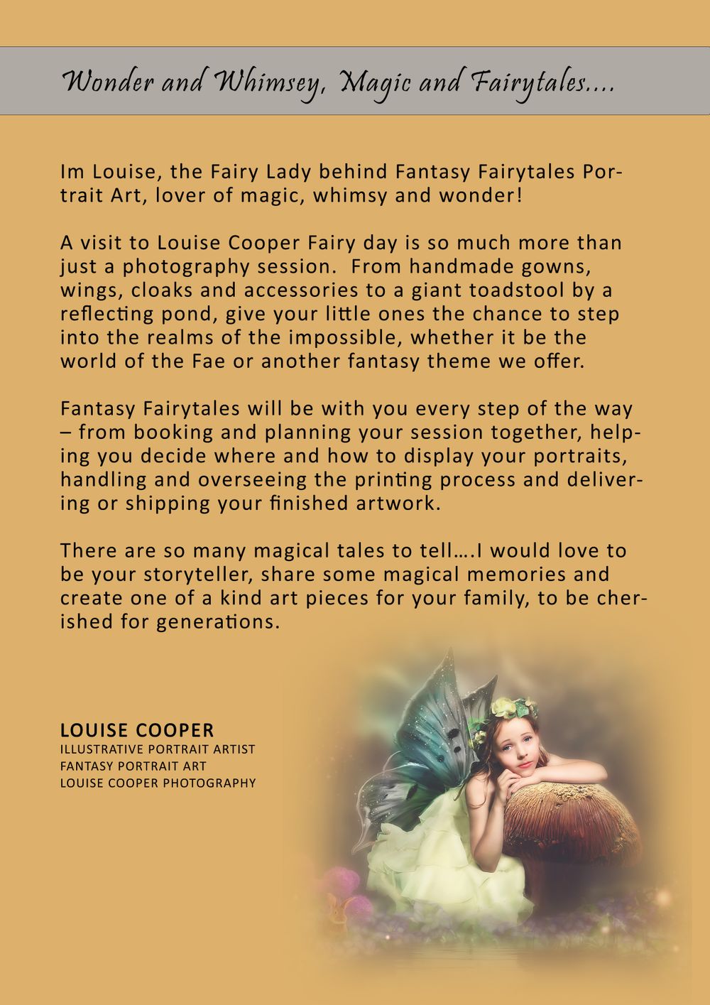 Marketing text overlay describing fantasy fairytale portrait services.