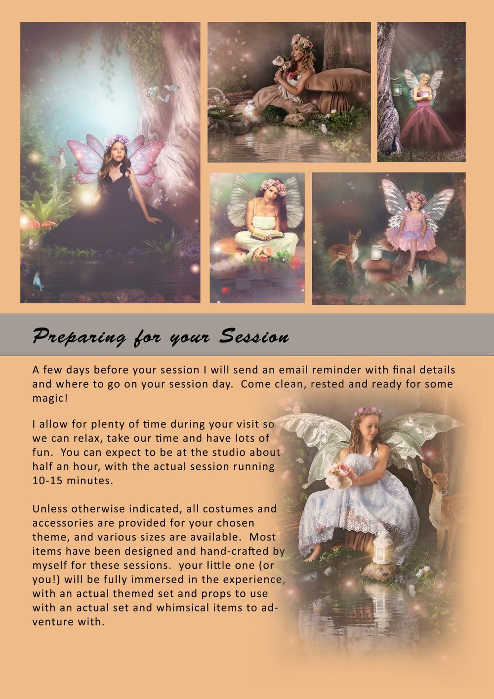 Magical fairy portrait photography session guide showing ethereal fantasy images with props and whimsical lighting effects.