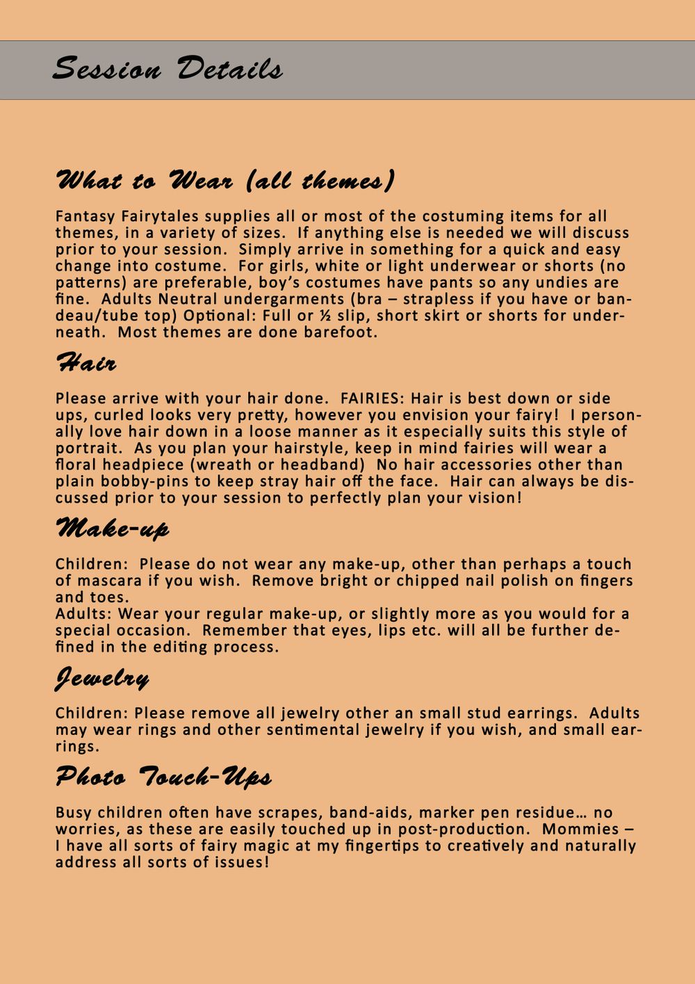 Photography session details page with text instructions for fairy portrait costumes, hair, and makeup requirements.