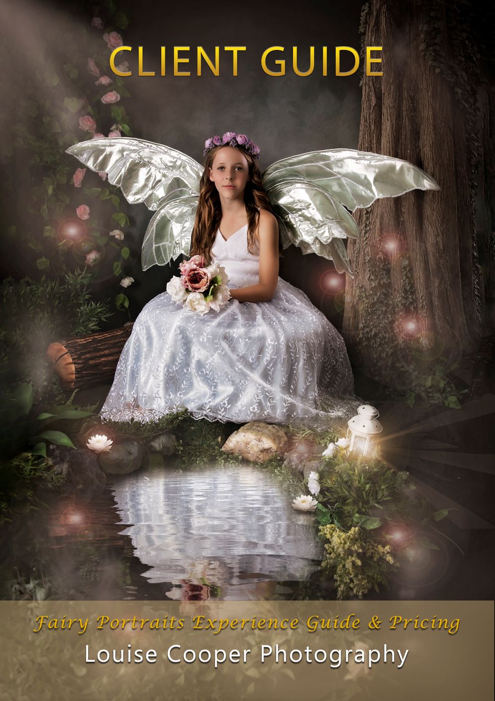 Ethereal fairy portrait photography guide cover showing magical forest scene with wings and flowing white dress.