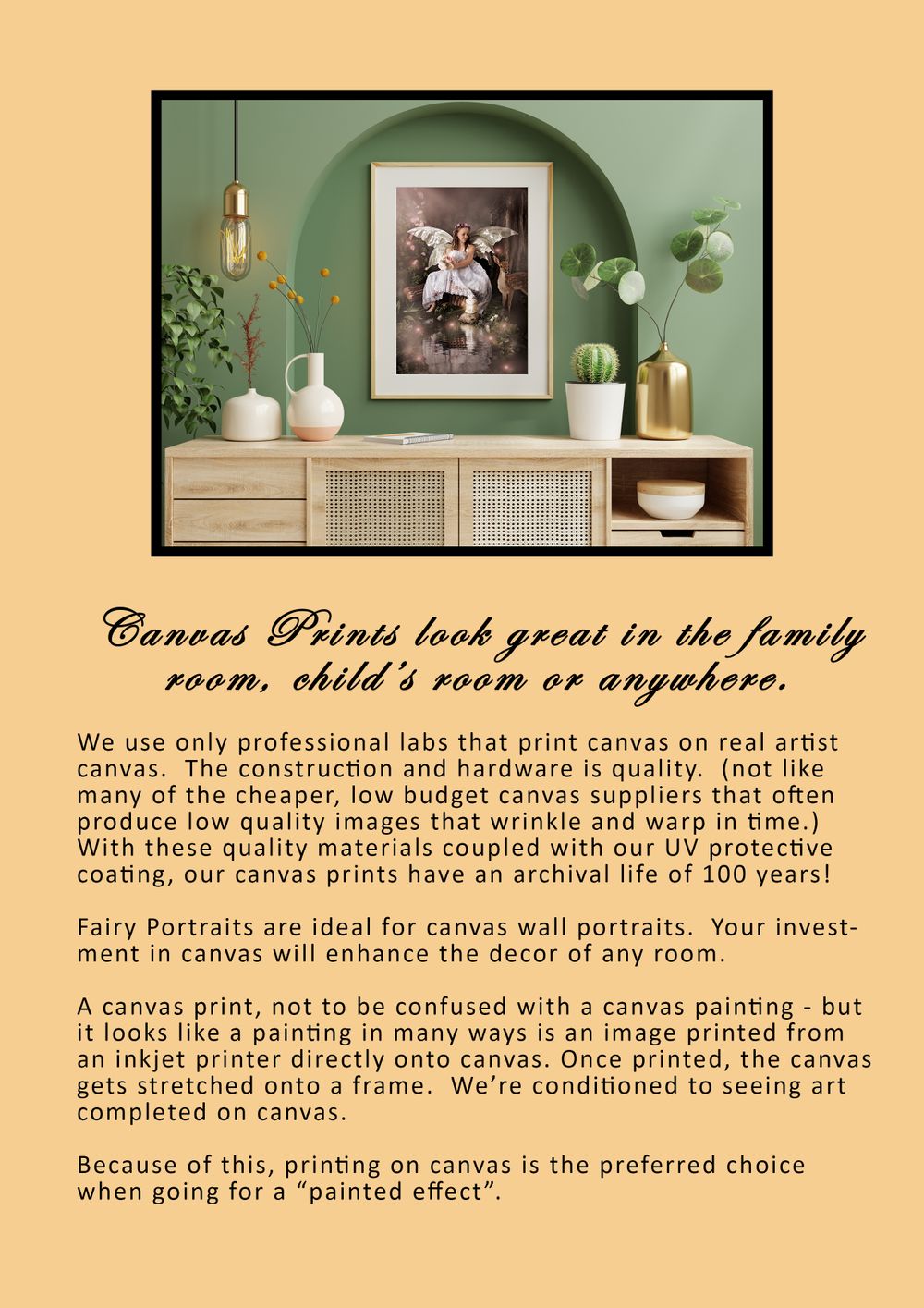 Modern home interior with canvas print displayed on green wall with decorative plants and storage cabinet.