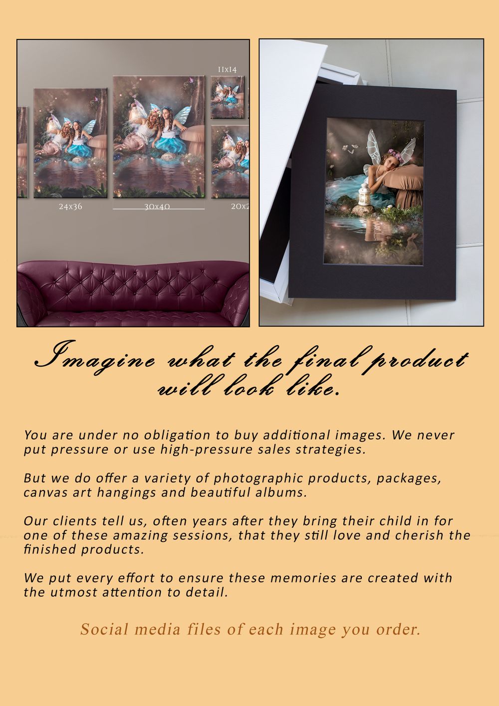 Display of framed fairy portrait photographs showing final product examples and wall art presentations.