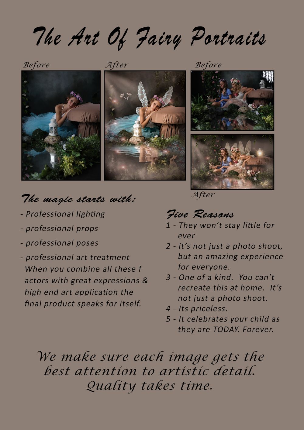 Before and after comparison of fairy portrait photography showing professional editing and artistic transformation.