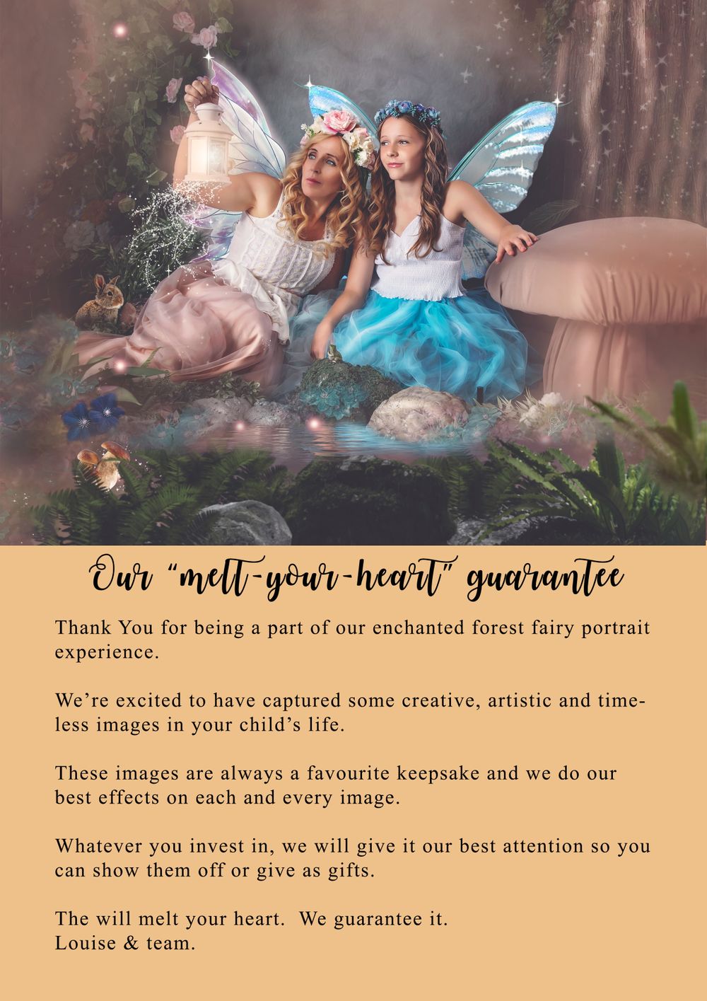 Enchanted fairy portrait session with magical forest backdrop and glowing effects.