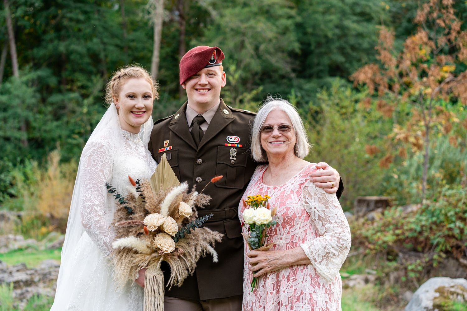 bride and groom with grandmother