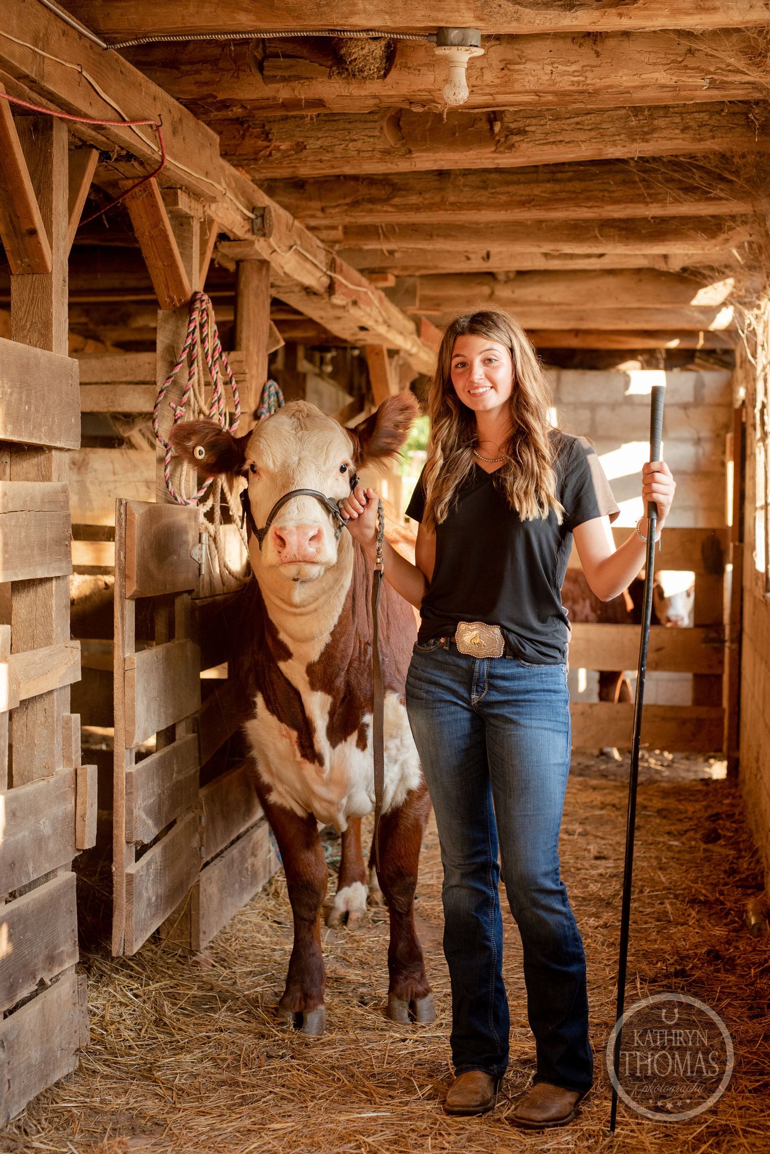 Person with pitchfork stands next to brown and white cow in rustic wooden barn.