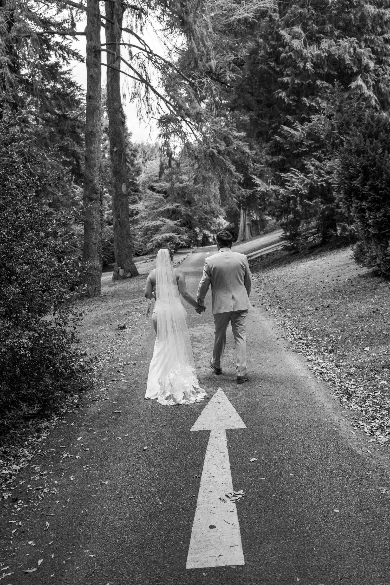 Black and white photo of newlyweds walking down a tree-lined path with directional arrow.