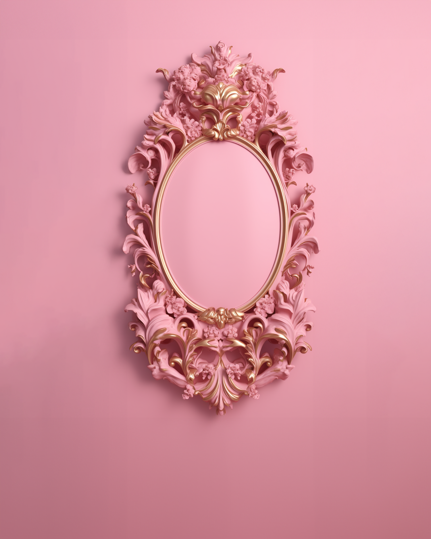 Elegant pink baroque mirror frame with intricate ornamental details on pink wall.