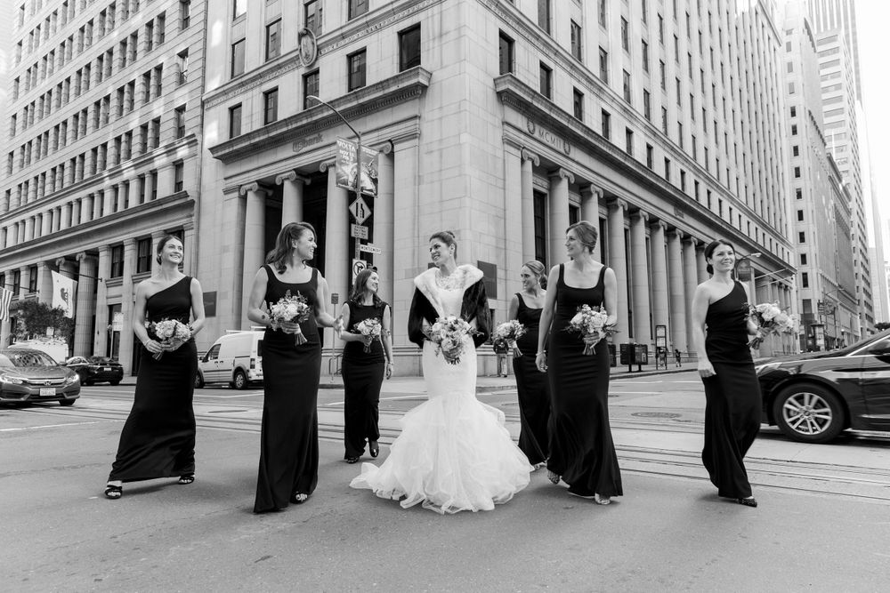 bridesmaids walking together downtown San Francisco