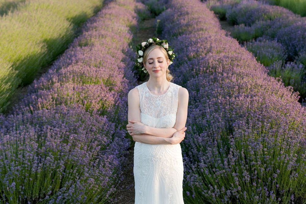 bride standing in a lavender field at Bear Flag farm in Winters