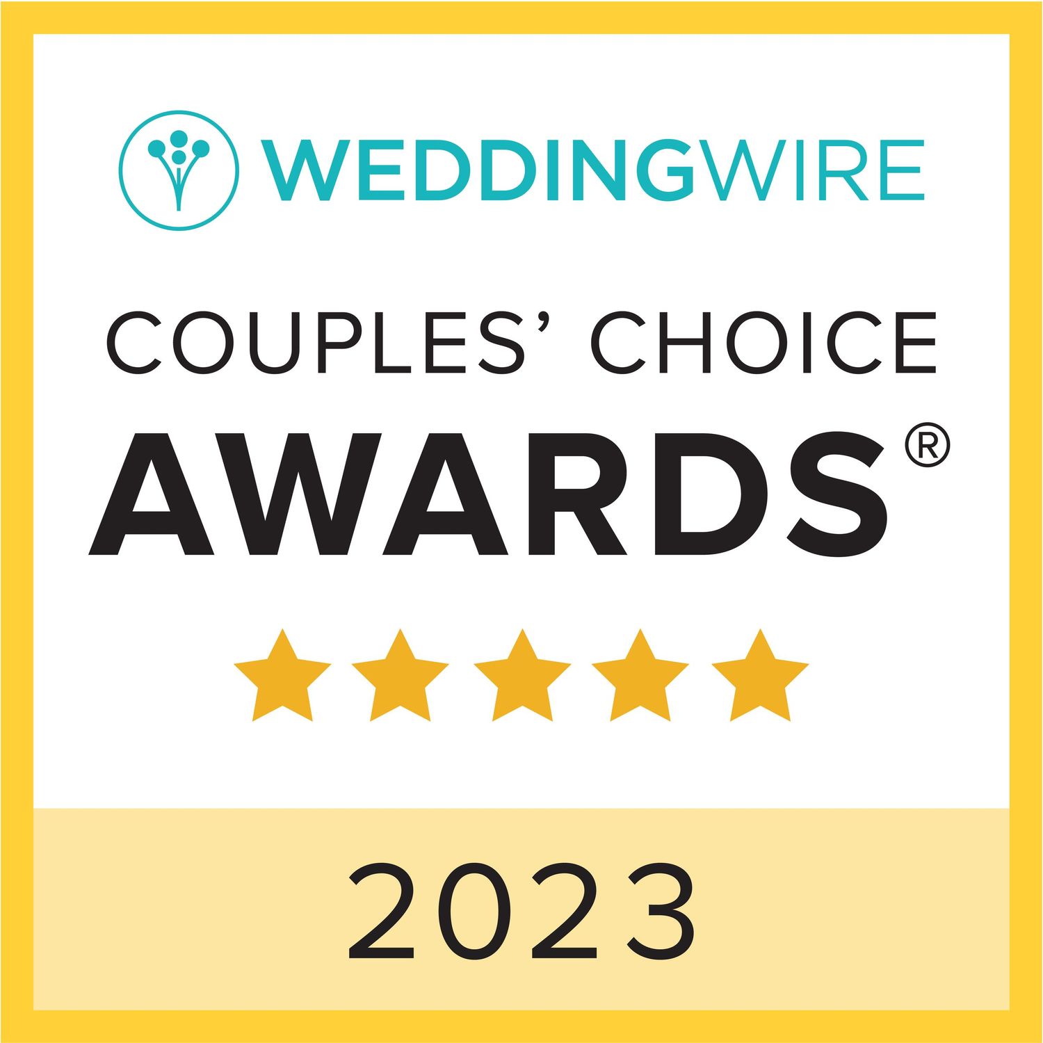 WeddingWire Couples Choice Awards 2023 badge with five gold stars on yellow background.