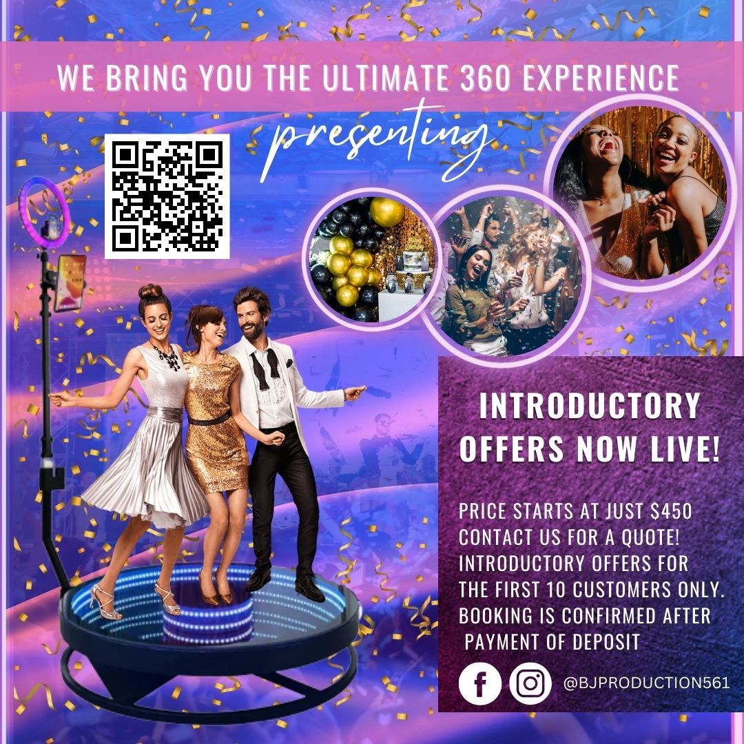 Promotional poster for 360 experience featuring dancers and QR code with purple and blue design elements.