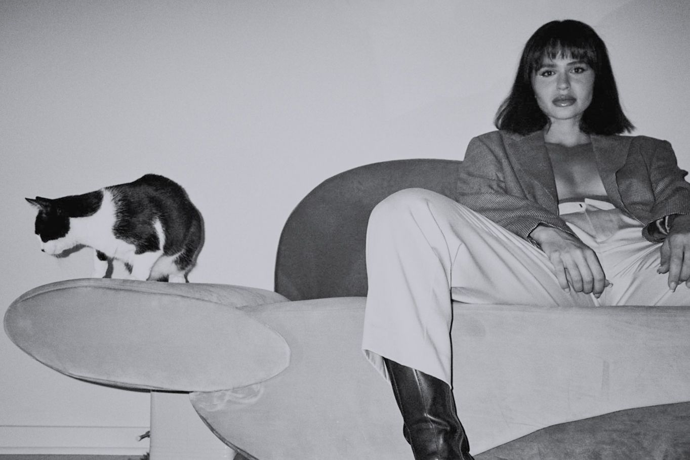 35mm film fashion portrait of woman in her home with cat