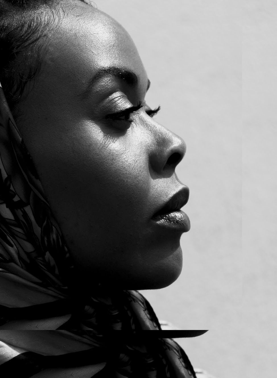 BW fashion Portrait of woman wearing head scarf, ecommerce.