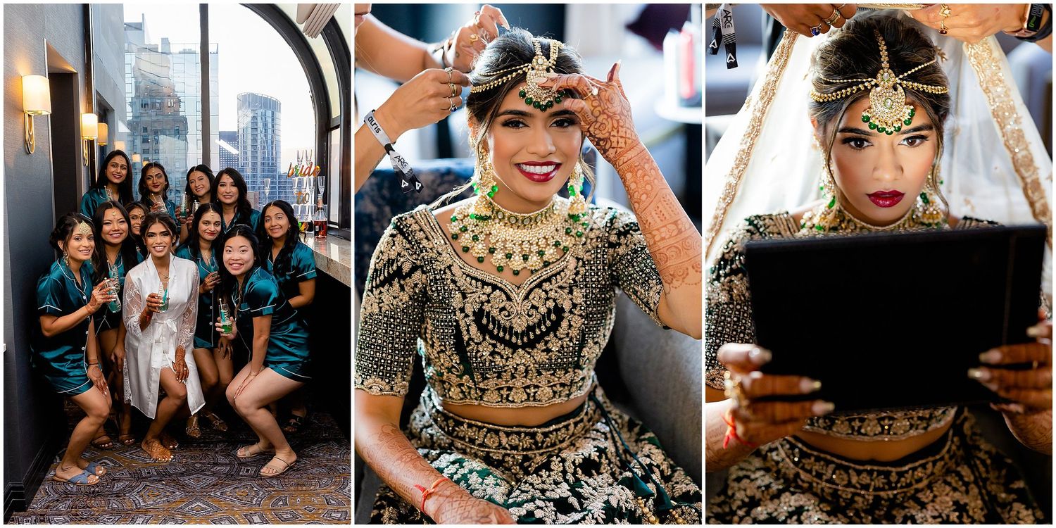 Collection of wedding preparation moments featuring traditional South Asian bridal attire and celebrations.