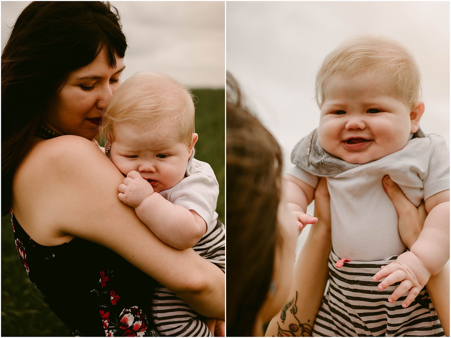 Tender moments captured in a split photo showing sweet cuddles and joyful smiles in striped outfits.