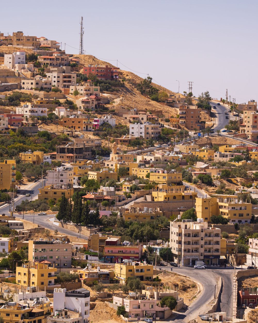 Hillside cityscape with winding roads and densely packed buildings in warm evening light.