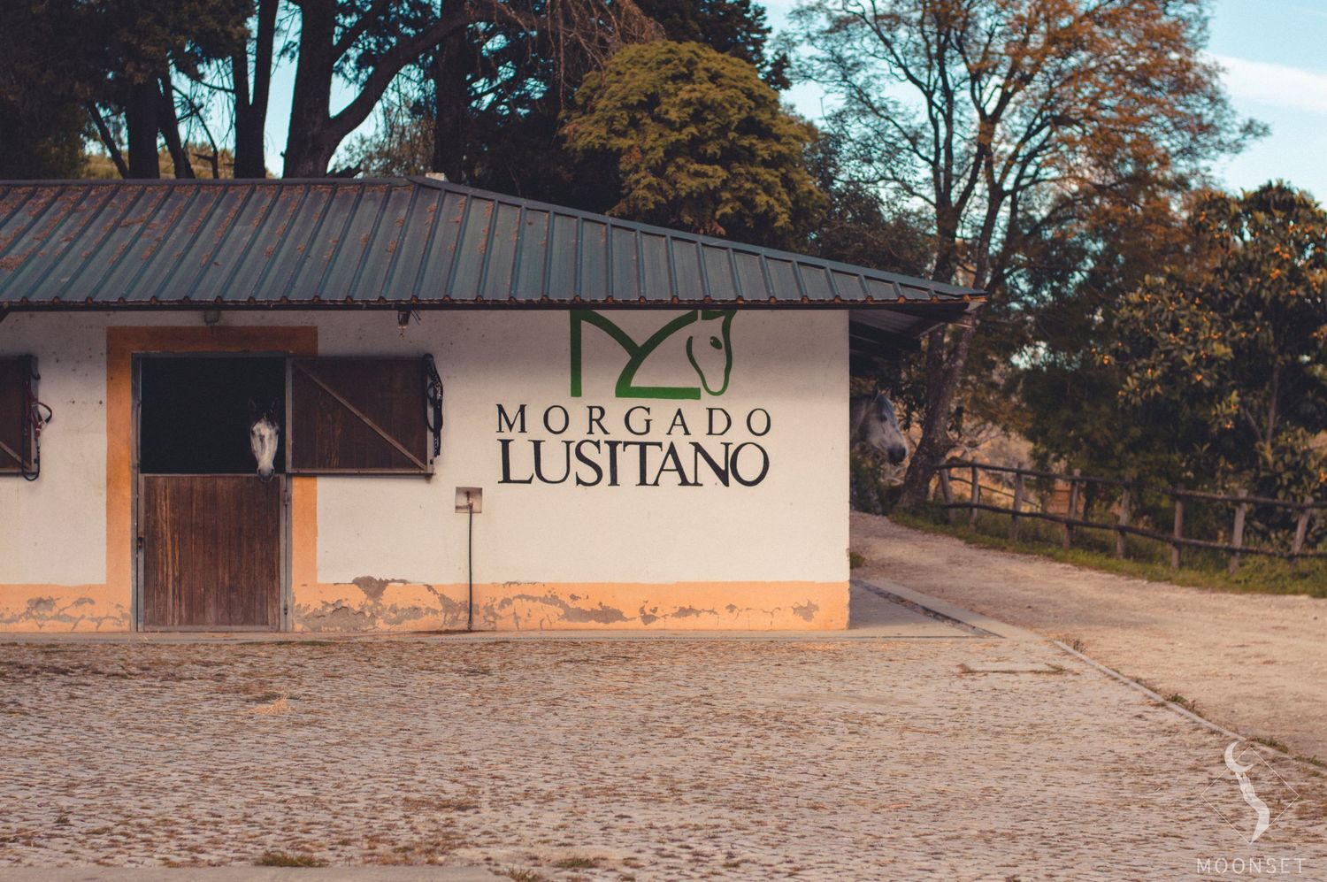 Rural equestrian facility with wooden buildings and fencing at sunset.